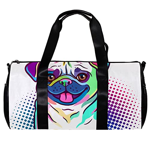 Runde Sporttasche mit abnehmbarem Schultergurt, Mops, Hunde, Pop-Art-Stil, Trainingshandtasche, Übernachtungstasche für Damen und Herren, mehrfarbig, 45x23x23cm/17.7x9x9in von DJROW