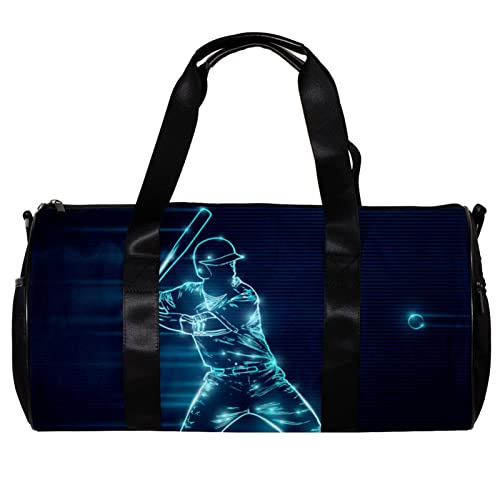 Runde Sporttasche mit abnehmbarem Schultergurt, Silhouette eines Baseballspielers auf blauem Hintergrund, Trainingshandtasche, Übernachtungstasche für Damen und Herren, mehrfarbig, 45x23x23cm/17.7x9x9in von DJROW