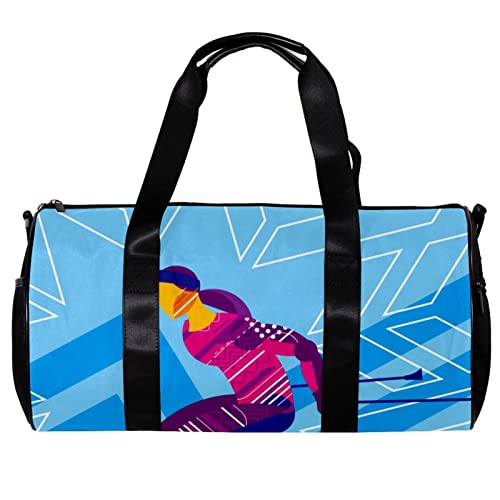 Runde Sporttasche mit abnehmbarem Schultergurt, Skifahrer auf hellblauem Hintergrund, Trainingshandtasche, Übernachtungstasche für Damen und Herren, mehrfarbig, 45x23x23cm/17.7x9x9in von DJROW