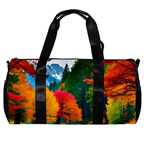 Runde Sporttasche mit abnehmbarem Schultergurt, bunte Herbstlandschaft mit See und Waldtraining, Handtasche für Damen und Herren, mehrfarbig, 45x23x23cm/17.7x9x9in von DJROW