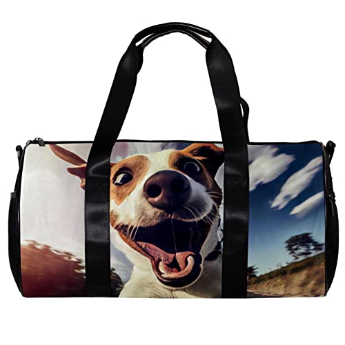 Runde Sporttasche mit abnehmbarem Schultergurt, ein Hund springt in die Lufttrainingshandtasche, Übernachtungstasche für Damen und Herren, mehrfarbig, 45x23x23cm/17.7x9x9in von DJROW