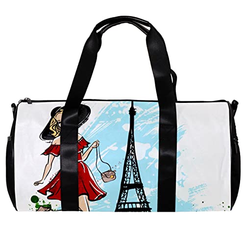 Runde Sporttasche mit abnehmbarem Schultergurt, für Frauen, Walking in Paris, Training, Handtasche, Übernachtungstasche für Damen und Herren, mehrfarbig, 45x23x23cm/17.7x9x9in von DJROW