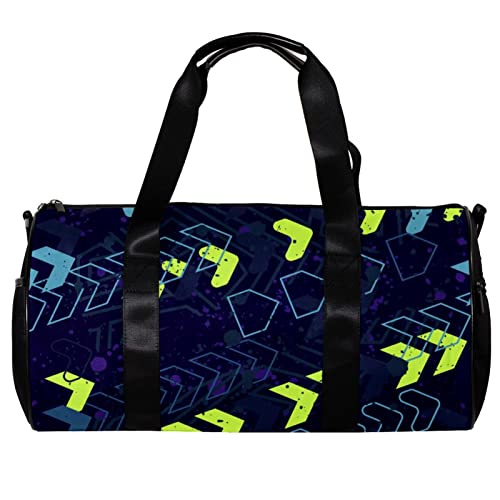 Runde Sporttasche mit abnehmbarem Schultergurt, geometrische Figuren, lustiges buntes Design, Trainingshandtasche, Übernachtungstasche für Damen und Herren, mehrfarbig, 45x23x23cm/17.7x9x9in von DJROW