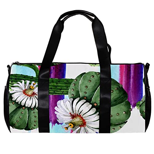 Runde Sporttasche mit abnehmbarem Schultergurt, grüne Kaktusblume, Pflanzen-Trainingshandtasche, Übernachtungstasche für Damen und Herren, mehrfarbig, 45x23x23cm/17.7x9x9in von DJROW