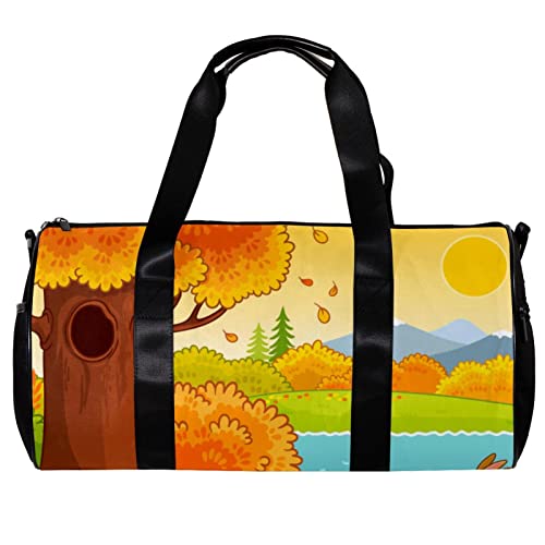 Runde Sporttasche mit abnehmbarem Schultergurt, niedlicher Hase, der durch den Herbstwald läuft, Trainingshandtasche, Übernachtungstasche für Damen und Herren, mehrfarbig, 45x23x23cm/17.7x9x9in von DJROW