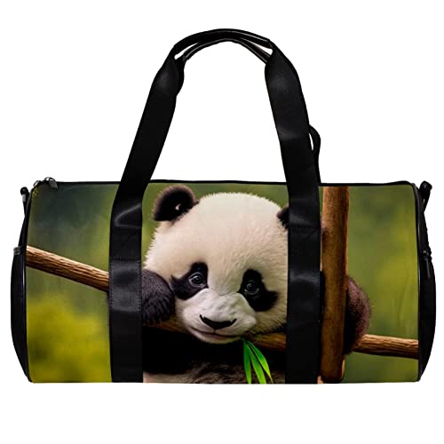 Runde Sporttasche mit abnehmbarem Schultergurt, niedlicher und humorvoller Baby-Panda, zum Aufhängen aus Bambus, Trainingshandtasche, Übernachtungstasche für Damen und Herren, mehrfarbig, 45x23x23cm/17.7x9x9in von DJROW