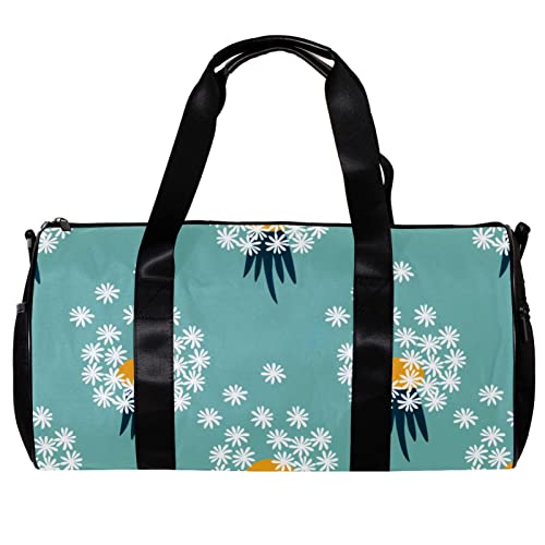 Runde Sporttasche mit abnehmbarem Schultergurt, weiße Löwenzahn, Blumen auf grünem Hintergrund, Trainingshandtasche, Übernachtungstasche für Damen und Herren, mehrfarbig, 45x23x23cm/17.7x9x9in von DJROW