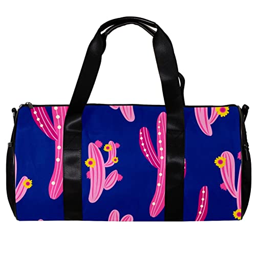 Runde Sporttasche mit abnehmbarem Schultergurt Rosa Kaktus Blau Hintergrund Training Handtasche Übernachtungstasche für Damen und Herren, mehrfarbig, 45x23x23cm/17.7x9x9in von DJROW