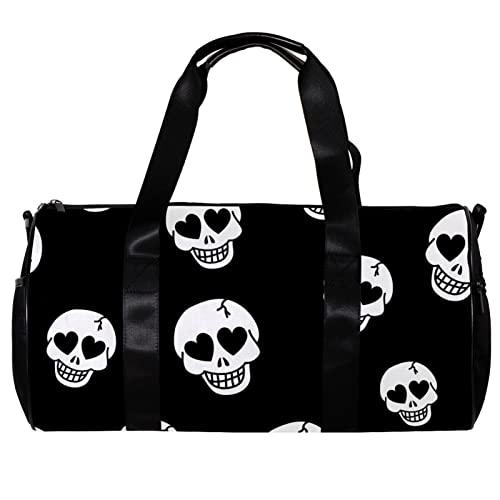 Runde Sporttasche mit abnehmbarem Schultergurt Totenkopf Liebe Herz Muster Training Handtasche Übernachtungstasche für Damen und Herren, mehrfarbig, 45x23x23cm/17.7x9x9in von DJROW