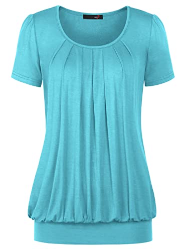 DJT Damen Casual Falten Kurzarm T-Shirt Kurzarmshirt Rundhals Stretch Tunika Blau Ausstrahlung L von DJT FASHION