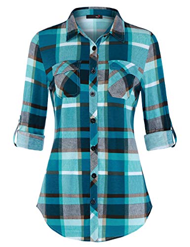 DJT Damen Weiches Gestrick Karierte Bluse Langarm 3/4 Roll Up Ärmel Hemdbluse Button-down Blusen Blau 2XL von DJT