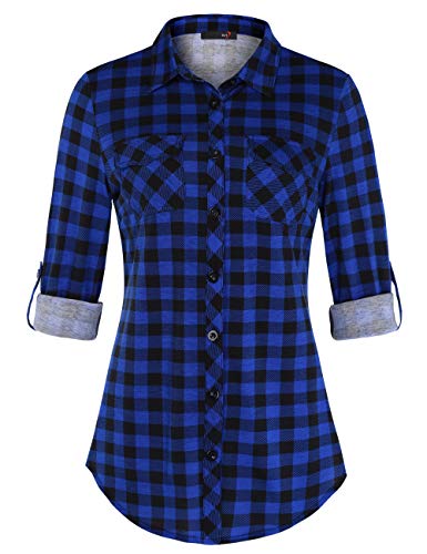 DJT Damen Weiches Gestrick Karierte Bluse Langarm 3/4 Roll Up Ärmel Hemdbluse Button-down Blusen Lebendiges Blau M von DJT