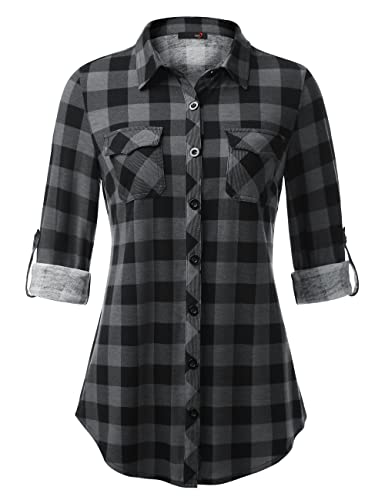 DJT Damen Weiches Gestrick Karierte Bluse Langarm 3/4 Roll Up Ärmel Hemdbluse Button-down Blusen Schwarz S von DJT