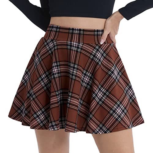 DJT Damen Mädchen Basic Solid Dehnbaren Informell Mini Skater Rock mit Shorts Braun Kariert XS von DJT