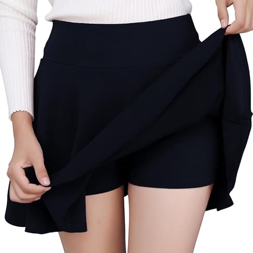 DJT Damen Mädchen Basic Solid Dehnbaren Informell Mini Skater Rock mit Shorts Marine XXL von DJT