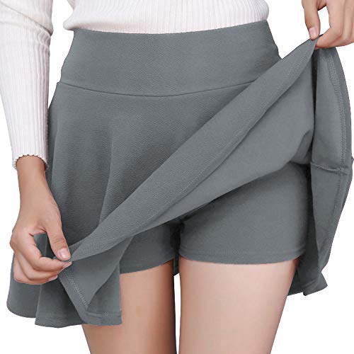 DJT Damen Mädchen Basic Solid Dehnbaren Informell Mini Skater Rock mit Shorts Grau X-Large von DJT