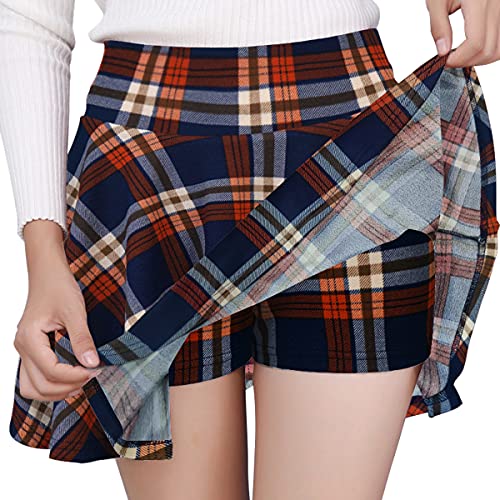 DJT Damen Mädchen Basic Solid Dehnbaren Informell Mini Skater Rock mit Shorts Marineblau Plaid XX-Large von DJT