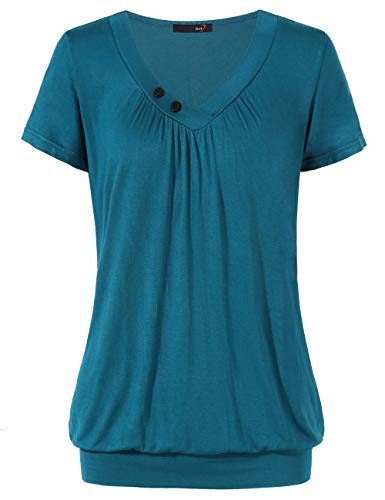 DJT Basic Shirt Damen, Shirt Mit Gummizug Am Saum Damen Basic Tshirt Damen Fledermaus Shirt Damen Kurzarm Bluse Damen Damen Basic V-Ausschnitt Kurzarm T-Shirt Falten Tops mit Knopf Blaugrün M von DJT