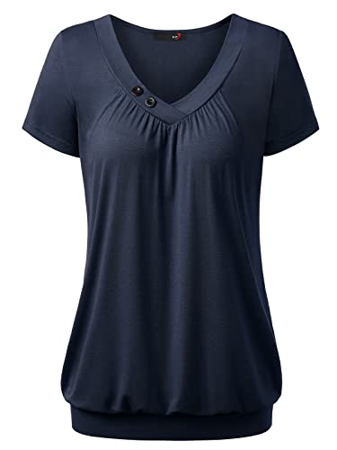 DJT Damen Basic V-Ausschnitt Kurzarm T-Shirt Falten Tops mit Knopf Dunkelblau L von DJT
