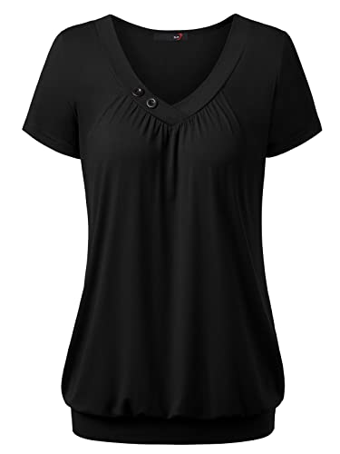 DJT Damen Basic V-Ausschnitt Kurzarm T-Shirt Falten Tops mit Knopf Schwarz M von DJT