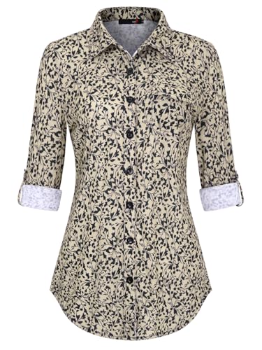 DJT Damen Bluse Weich Gestrickt Stretch Knopfleiste Langarm Hemdbluse Casual V-Ausschnitt Button Down Shirts Oberteil Aprikose Schwarz L von DJT