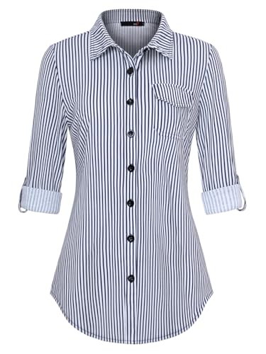 DJT Damen Bluse Weich Gestrickt Stretch Knopfleiste Langarm Hemdbluse Casual V-Ausschnitt Button Down Shirts Oberteil Blau Gestreift S von DJT