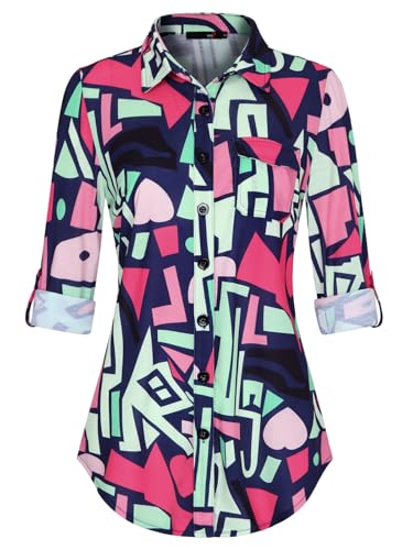 DJT Damen Bluse Weich Gestrickt Stretch Knopfleiste Langarm Hemdbluse Casual V-Ausschnitt Button Down Shirts Oberteil Dunkelblau Rosa L von DJT