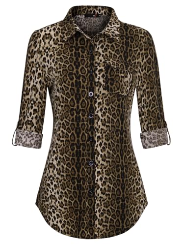 DJT Damen Bluse Weich Gestrickt Stretch Knopfleiste Langarm Hemdbluse Casual V-Ausschnitt Button Down Shirts Oberteil Leopard S von DJT