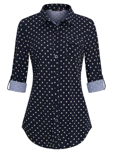 DJT Damen Bluse Weich Gestrickt Stretch Knopfleiste Langarm Hemdbluse Casual V-Ausschnitt Button Down Shirts Oberteil Marineblau Dots S von DJT
