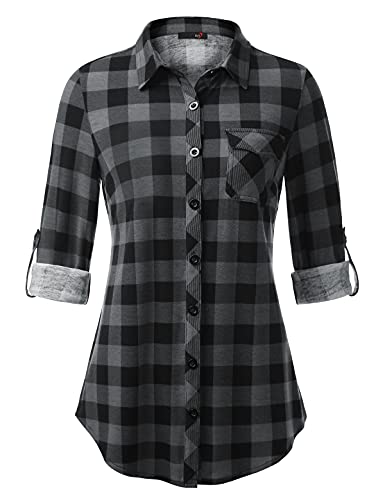 DJT Damen Bluse Weich Gestrickt Stretch Knopfleiste Langarm Hemdbluse Casual V-Ausschnitt Button Down Shirts Oberteil Schwarz Grau M von DJT