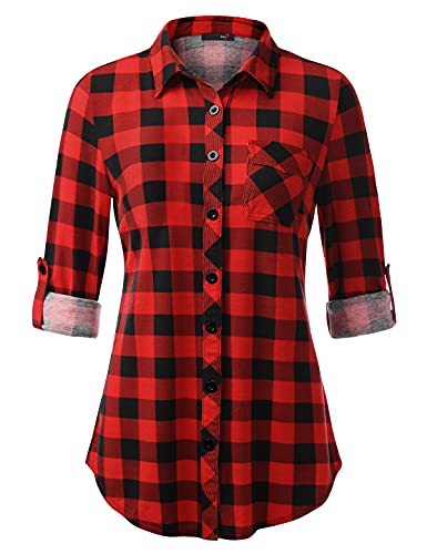 DJT Damen Bluse Weich Gestrickt Stretch Knopfleiste Langarm Hemdbluse Casual V-Ausschnitt Button Down Shirts Oberteil Schwarz Rot M von DJT