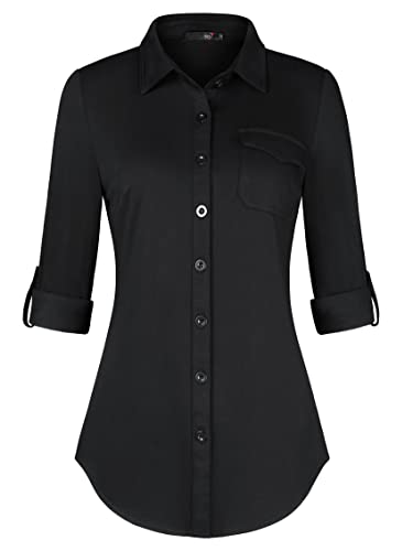 DJT Damen Bluse Weich Gestrickt Stretch Knopfleiste Langarm Hemdbluse Casual V-Ausschnitt Button Down Shirts Oberteil Schwarz XL von DJT