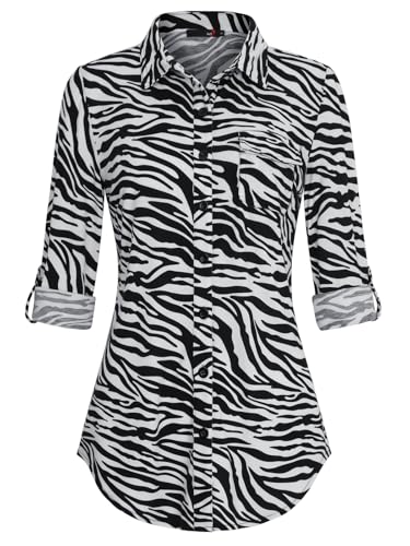 DJT Damen Bluse Weich Gestrickt Stretch Knopfleiste Langarm Hemdbluse Casual V-Ausschnitt Button Down Shirts Oberteil Zebra Gestreift L von DJT