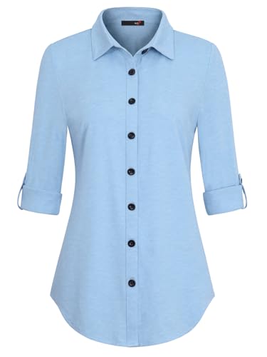 DJT Damen Bluse Weiches Gestricktes Stretch Langarm Roll Up Ärmel Hemdbluse Lässig Button Down Arbeit Shirts Oberteil Top Himmelblau M DJT Damen Bluse Weiches Gestricktes Stretch Langarm Roll Up Ärmel Hemdbluse Lässig Button Down Arbeit Shirts Oberteil Top Himmelblau M von DJT