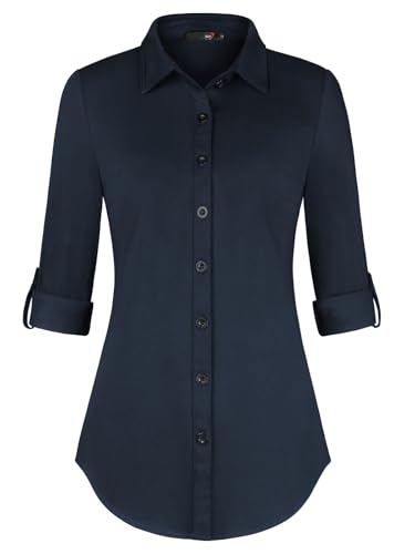 DJT Damen Bluse Weiches Gestricktes Stretch Langarm Roll Up Ärmel Hemdbluse Lässig Button Down Arbeit Shirts Oberteil Top Navy Blau 2XL von DJT