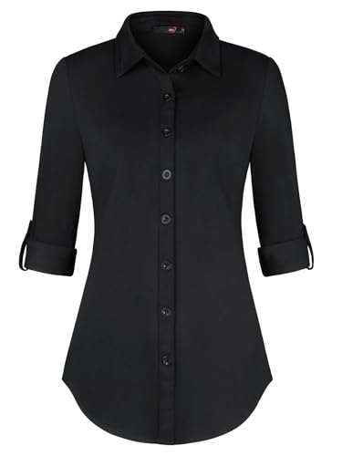 DJT Damen Bluse Weiches Gestricktes Stretch Langarm Roll Up Ärmel Hemdbluse Lässig Button Down Arbeit Shirts Oberteil Top Schwarz 2XL von DJT