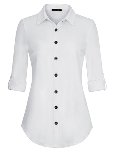 DJT Damen Bluse Weiches Gestricktes Stretch Langarm Roll Up Ärmel Hemdbluse Lässig Button Down Arbeit Shirts Oberteil Top Weiß 2XL von DJT