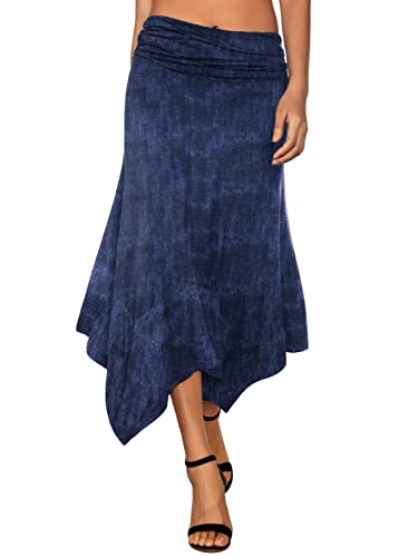 DJT Damen Elastisch Plissierte Taille Elegant Rock A-Linie Faltenrock Midi Rock mit Taschentuch Saum Denim-Druck 2XL von DJT