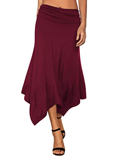 DJT Damen Elastisch Plissierte Taille Elegant Rock A-Linie Faltenrock Midi Rock mit Taschentuch Saum Rot 2XL von DJT