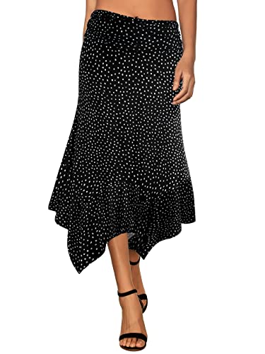 DJT Damen Elastisch Plissierte Taille Elegant Rock A-Linie Faltenrock Midi Rock mit Taschentuch Saum Schwarze Tupfen XXL von DJT