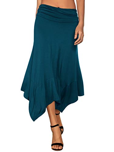 DJT Damen Elastisch Plissierte Taille Elegant Rock A-Linie Faltenrock Midi Rock mit Taschentuch Saum Blaugrün M von DJT