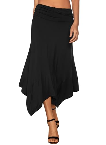 DJT Damen Elastisch Plissierte Taille Elegant Rock A-Linie Faltenrock Midi Rock mit Taschentuch Saum Schwarz L von DJT