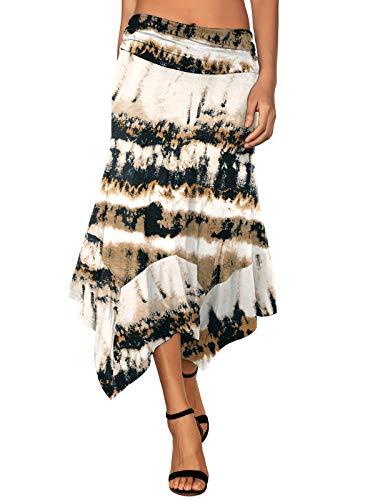 DJT Damen Elastisch Plissierte Taille Elegant Rock A-Linie Faltenrock Midi Rock mit Taschentuch Saum Tie Dye Khaki M von DJT