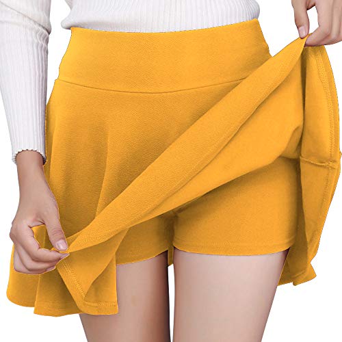 DJT Damen Mädchen Basic Solid Dehnbaren Informell Mini Skater Rock mit Shorts Gelb X-Small von DJT