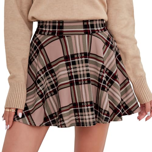 DJT Damen Mädchen Basic Solid Dehnbaren Informell Mini Skater Rock mit Shorts Rosa Kariert Small von DJT