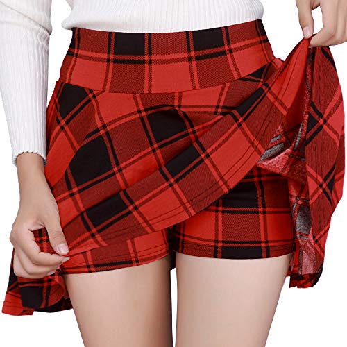 DJT Damen Mädchen Basic Solid Dehnbaren Informell Mini Skater Rock mit Shorts Rot Plaid XX-Large von DJT