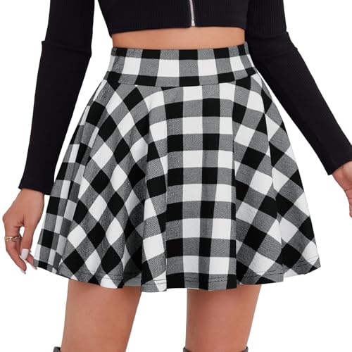 DJT Damen Mädchen Basic Solid Dehnbaren Informell Mini Skater Rock mit Shorts Schwarz Weiß Kariert X-Small von DJT