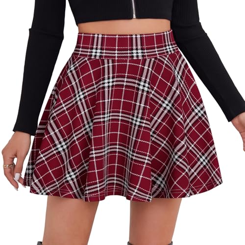 DJT Damen Mädchen Basic Solid Dehnbaren Informell Mini Skater Rock mit Shorts Weinrot Kariert X-Small von DJT