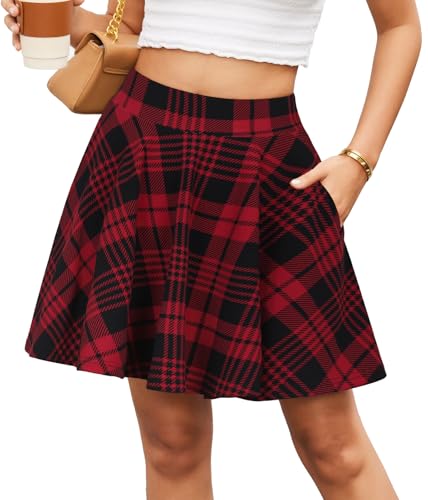 DJT Damen Minirock Mädchen Hohe Taille Faltenrock Casual A Linie Mini Skater Rock mit Taschen Rot Kariert Medium von DJT