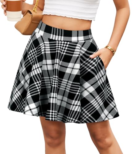DJT Damen Minirock Mädchen Hohe Taille Faltenrock Casual A Linie Mini Skater Rock mit Taschen Schwarz Weiß Kariert Large von DJT